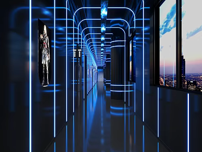 KTV Corridor With Blue Neon Lights And City View Screens 3d model