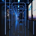 KTV Corridor With Blue Neon Lights And City View Screens