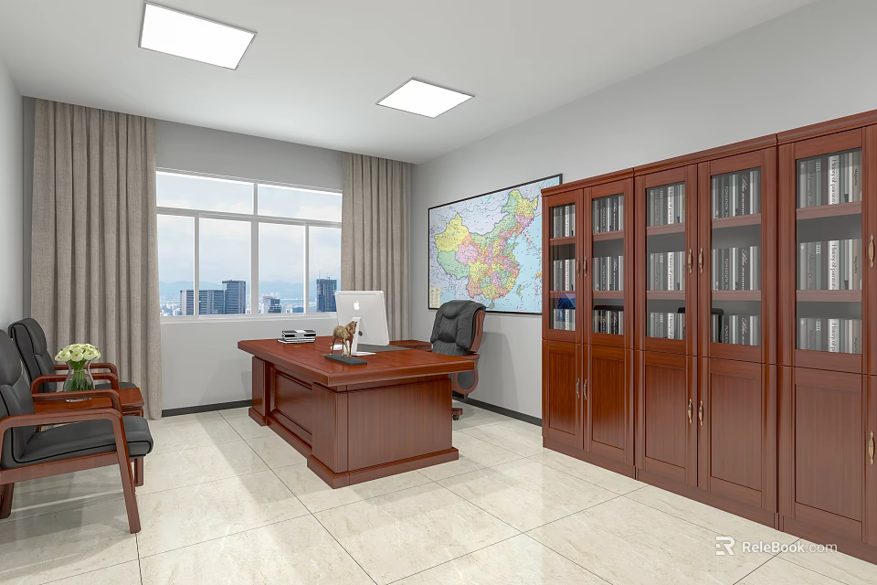 Professional Office Interior with Wooden Desk Office Chair Bookshelves Potted Plant Window and City View 3d model 