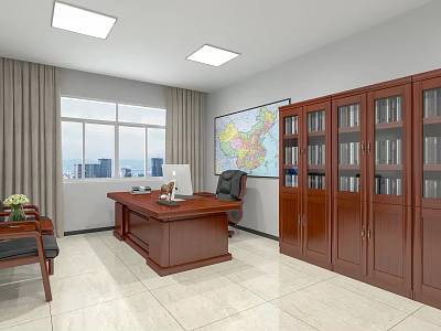 Professional Office Interior with Wooden Desk Office Chair Bookshelves Potted Plant Window and City View 3d model