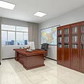 Professional Office Interior with Wooden Desk Office Chair Bookshelves Potted Plant Window and City View