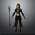 Fantasy Red Haired Female Mage In Black Orange Outfit Holding Staff With Green Blue Gems