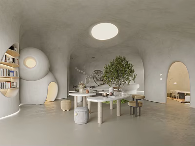 Modern Lounge Area Interior With Round Windows Bookshelves And Green Plant 3d model