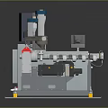 Industrial Processing Equipment With Blue Components Gray Main Body Yellow Support Feet And Conveyor Belt