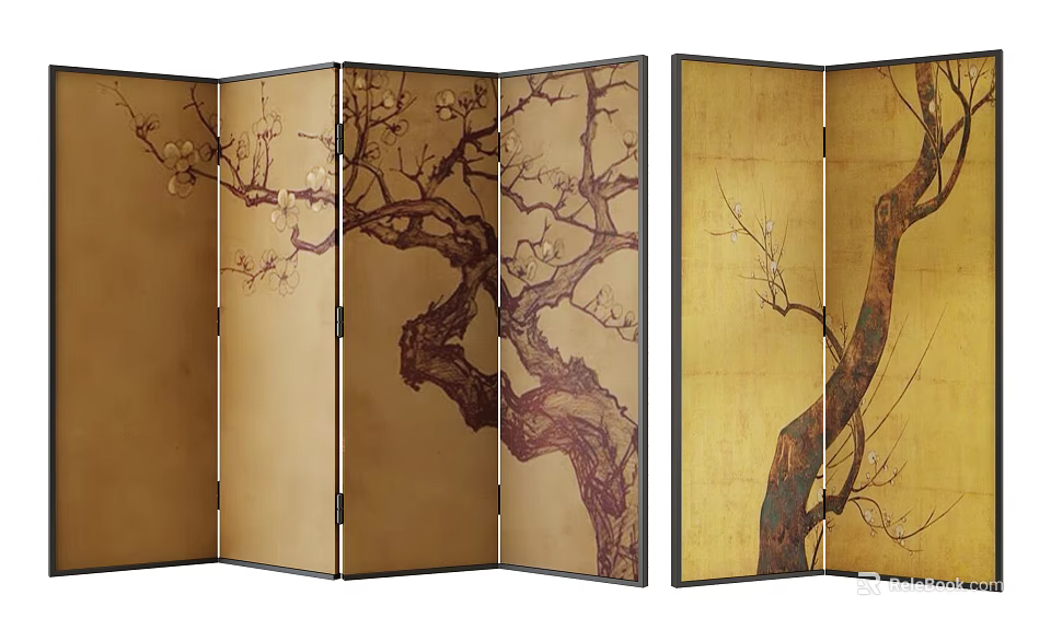 Vintage Folding Screen With Tree Branch Artwork Beige Gold Background Black Frame 3d model