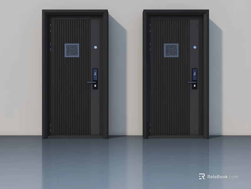 Modern Black Swing Doors With Vertical Stripes And Smart Lock Design 3d model