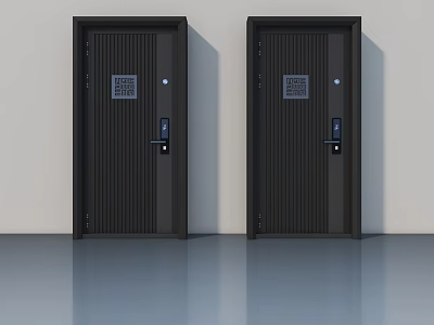 Modern Black Swing Doors With Vertical Stripes And Smart Lock Design 3d model