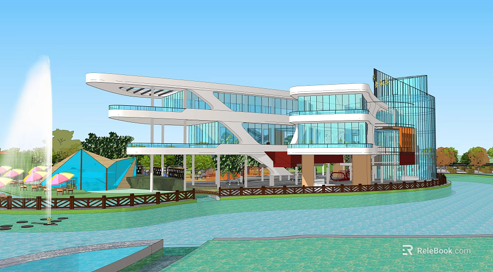 Modern Hotel Building with Glass Facade Multi Level Design Outdoor Water Pool and Green Surroundings 3d model 