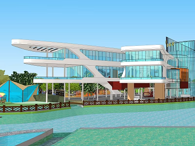 Modern Hotel Building with Glass Facade Multi Level Design Outdoor Water Pool and Green Surroundings 3d model