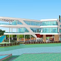 Modern Hotel Building with Glass Facade Multi Level Design Outdoor Water Pool and Green Surroundings