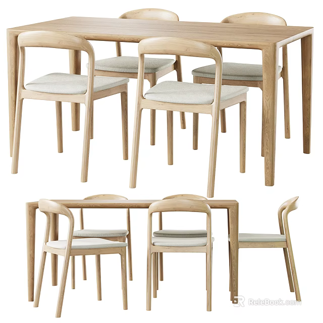 Modern Wooden Dining Table Set With Upholstered Chairs And Light Frame Design 3d model