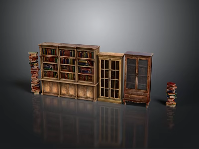 Vintage Wooden Bookcase And Glass Door Cabinet With Stacked Books 3d model