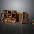 Vintage Wooden Bookcase And Glass Door Cabinet With Stacked Books