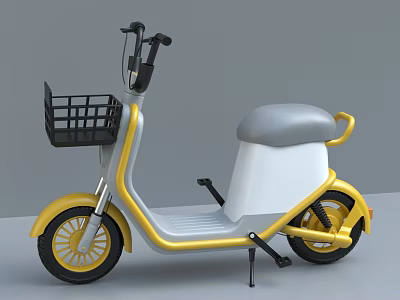 Stylish Yellow And White Electric Scooter With Front Basket Gray Seat And Yellow Wheels 3d model
