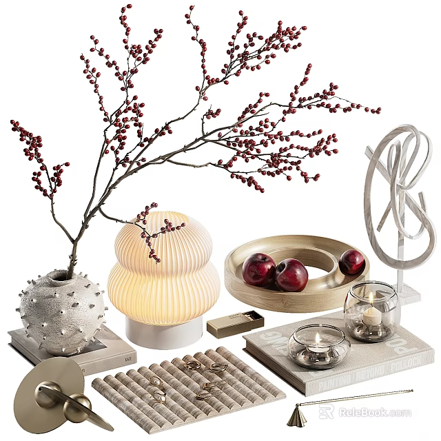 Elegant Decorative Ornament Set With Berry Branch Lamp Apple Tray And Silver Ring 3d model 