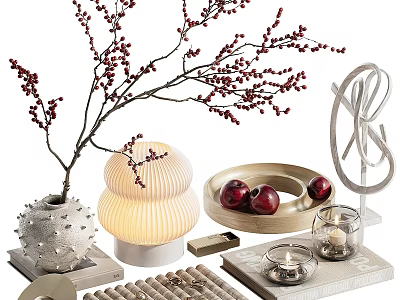 Elegant Decorative Ornament Set With Berry Branch Lamp Apple Tray And Silver Ring 3d model