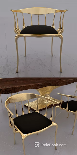 Modern Dining Table Set With Wooden Tabletop And Golden Chair Legs Design 3d model 