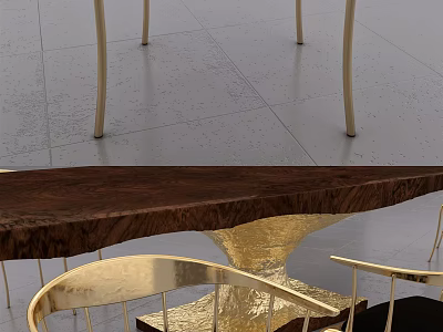 Modern Dining Table Set With Wooden Tabletop And Golden Chair Legs Design 3d model