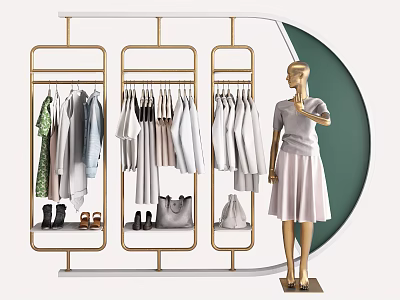 Various Apparel Displayed On Gold Clothing Racks With Mannequin And Accessories 3d model
