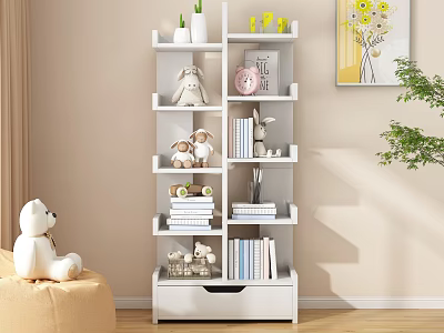 White Multi tiered Bookshelf with Books Stuffed Toys Vase Alarm Clock and Drawer 3d model
