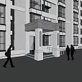 Modern Building Main Entrance Gate Featuring Symmetric Columns Steps And Pedestrians