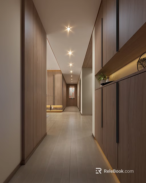 Modern Entryway Hallway Interior Design With Wooden Cabinets Recessed Lighting And Decorative Wall Art 3d model 