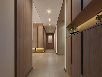 Modern Entryway Hallway Interior Design With Wooden Cabinets Recessed Lighting And Decorative Wall Art 3d model