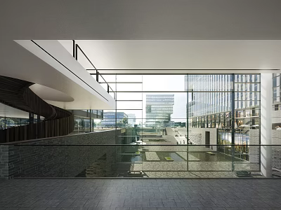 Modern Office Building Interior With Open Space Glass Curtain Wall Spiral Staircase And Natural Light 3d model