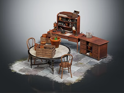 Rustic Wooden Dining Set with Round Table Chairs Cabinet Terracotta Pots Potted Plant and Stone Floor 3d model