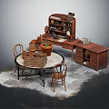 Rustic Wooden Dining Set with Round Table Chairs Cabinet Terracotta Pots Potted Plant and Stone Floor