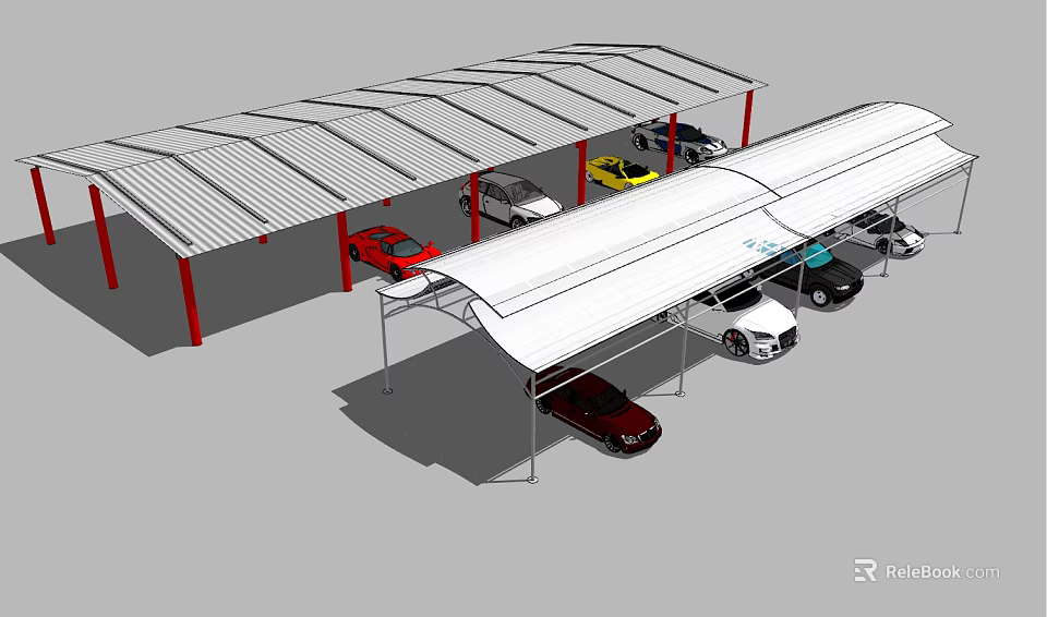 Outdoor Carport Shelter With Steel Roof And Red Pillars For Multiple Car Parking 3d model 