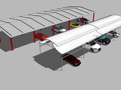 Outdoor Carport Shelter With Steel Roof And Red Pillars For Multiple Car Parking 3d model