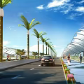 Scenic Bridge Over Blue Water With Palm Trees Green Vegetation Blue Sky And White Clouds
