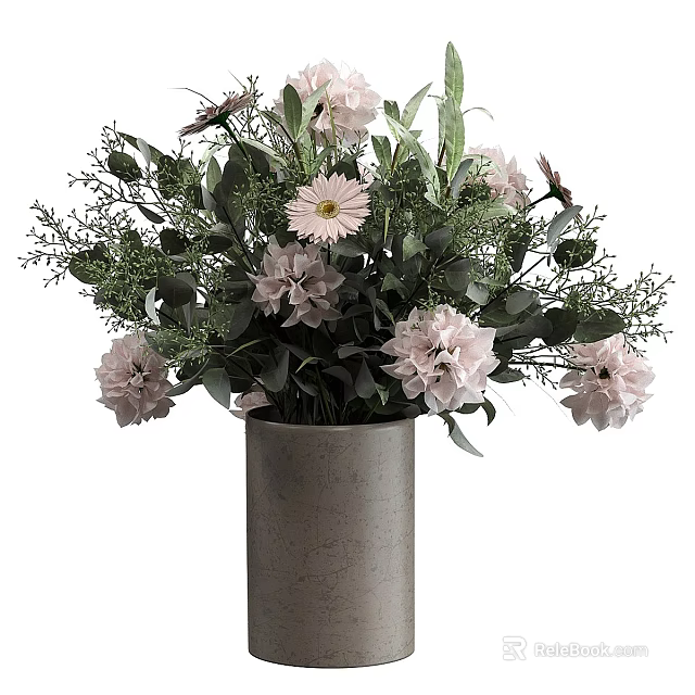 Minimalist Gray Cylindrical Vase With Pink Flowers Green Foliage And Delicate Sprigs For Home Decor 3d model 