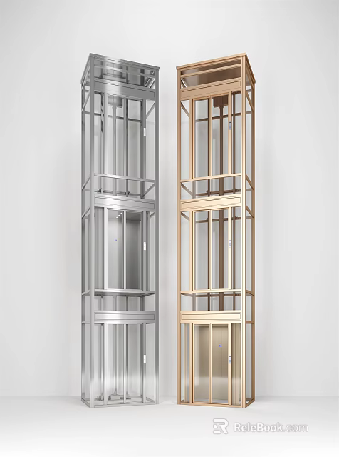 Modern Silver and Gold Elevator with Glass Frame Design Features 3d model 