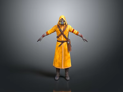 Yellow Hooded Robe Character With Gas Mask And Belt On Gray Background 3d model