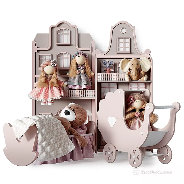 Decorative Ornament Set With Dolls Teddy Bear House Shaped Shelves And Pink Pram 3d model 
