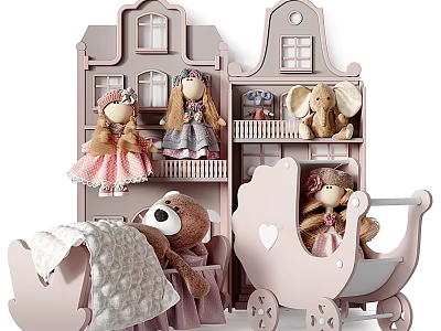 Decorative Ornament Set With Dolls Teddy Bear House Shaped Shelves And Pink Pram 3d model