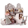 Decorative Ornament Set With Dolls Teddy Bear House Shaped Shelves And Pink Pram
