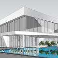 Modern Sales Office Building With Glass Curtain Wall Metal Supports And Front Water Pool