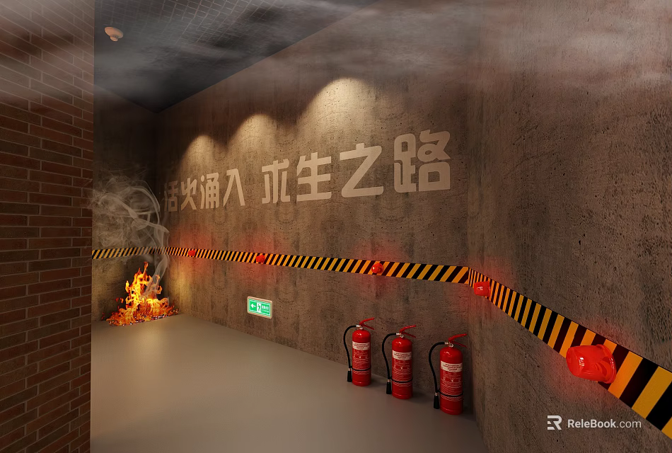 Fire Extinguishers And Safety Equipment In Emergency Exit Path With Smoke And Warning Tape 3d model 