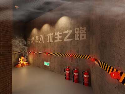 Fire Extinguishers And Safety Equipment In Emergency Exit Path With Smoke And Warning Tape 3d model