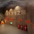 Fire Extinguishers And Safety Equipment In Emergency Exit Path With Smoke And Warning Tape