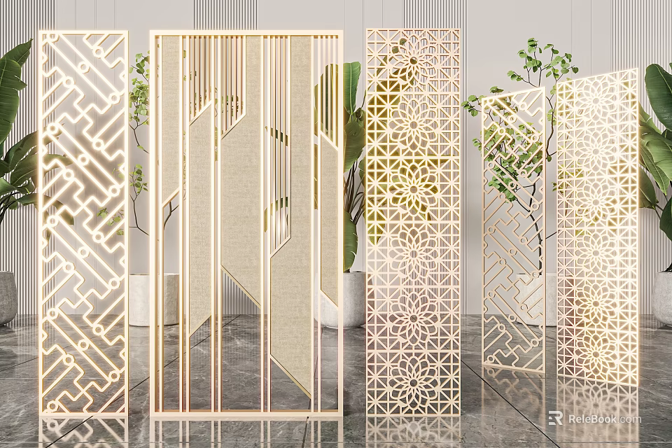 Decorative Modern Room Dividers With Intricate Geometric Cutouts and Green Plants 3d model 