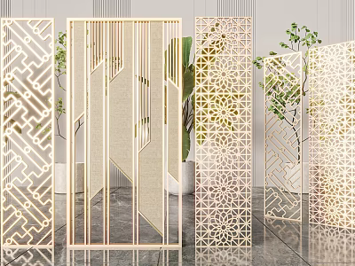 Decorative Modern Room Dividers With Intricate Geometric Cutouts and Green Plants 3d model
