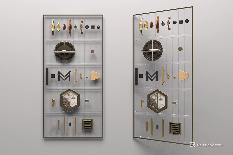 Various Handle Designs Showcased On Transparent Display Boards With Multiple Styles 3d model 