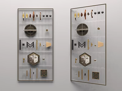 Various Handle Designs Showcased On Transparent Display Boards With Multiple Styles 3d model