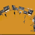 Business Equipment Display Stands in Circular Arrangement with People at Exhibition