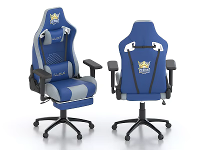 Blue And Gray Office Chair With Crown Logo Supportive Back Design Adjustable Armrests Ergonomic Base 3d model