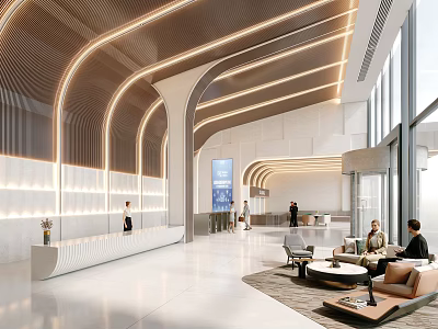 Modern Front Desk Reception Area With Arched Lighting White Desk Waiting Sofas And Large Windows 3d model